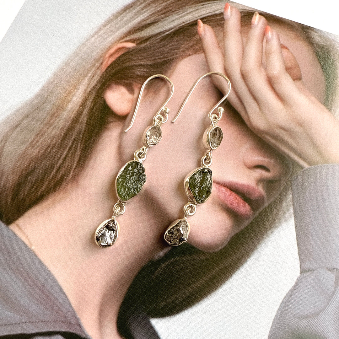 Moldavite, Campo Del Cielo & Herkimer Diamond Earrings