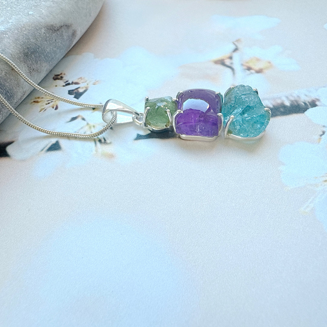 Moldavite,
Amethyst & Neon Blue Apatite Pendant