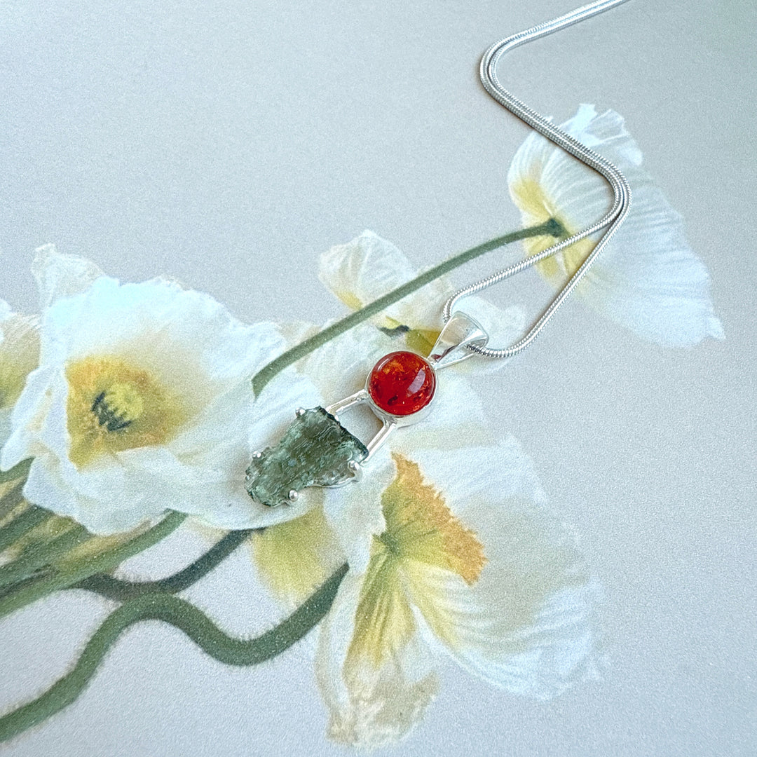 MOLDAVITE & BALTIC AMBER PENDANT