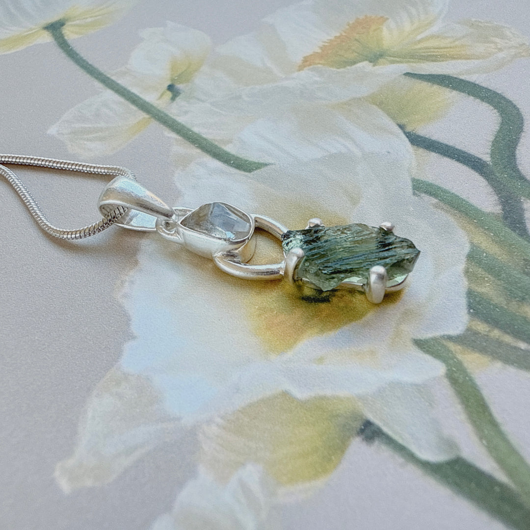 MOLDAVITE & HERKEMIER DIAMOND PENDANT