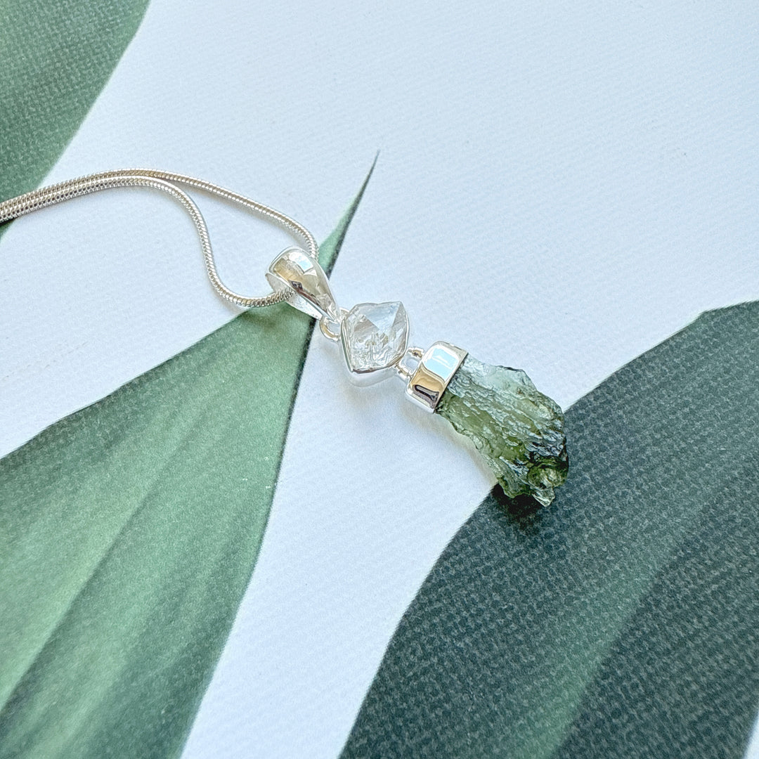 MOLDAVITE & HERKEMIR DIAMOND PENDANT