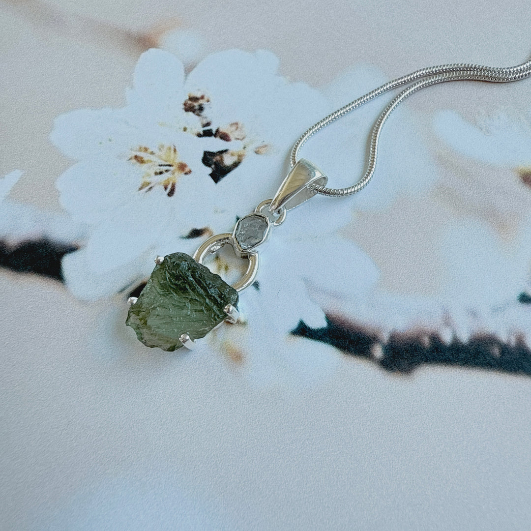 MOLDAVITE & HERKEMIER DIAMOND PENDANT