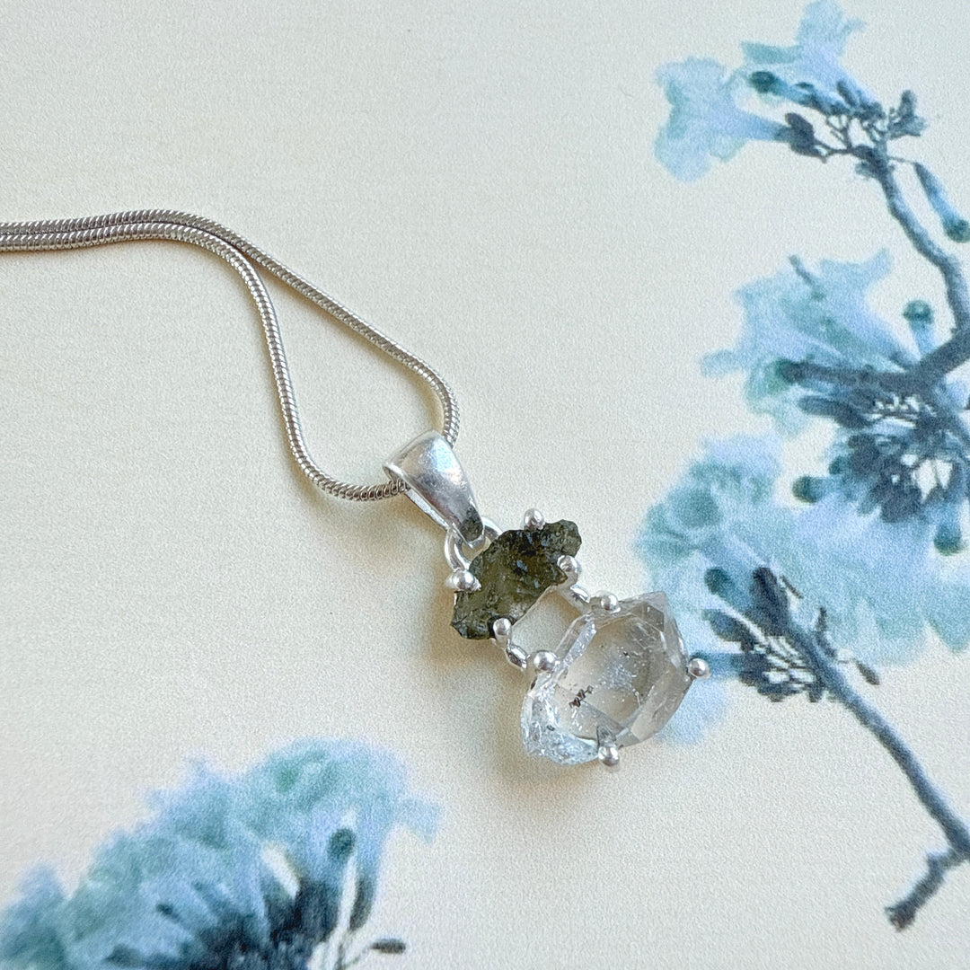 Moldavite & Herkimer Pendant