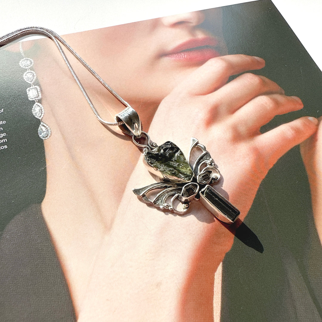 Moldavite, Herkimer Diamond & Black Tourmaline Pendant
