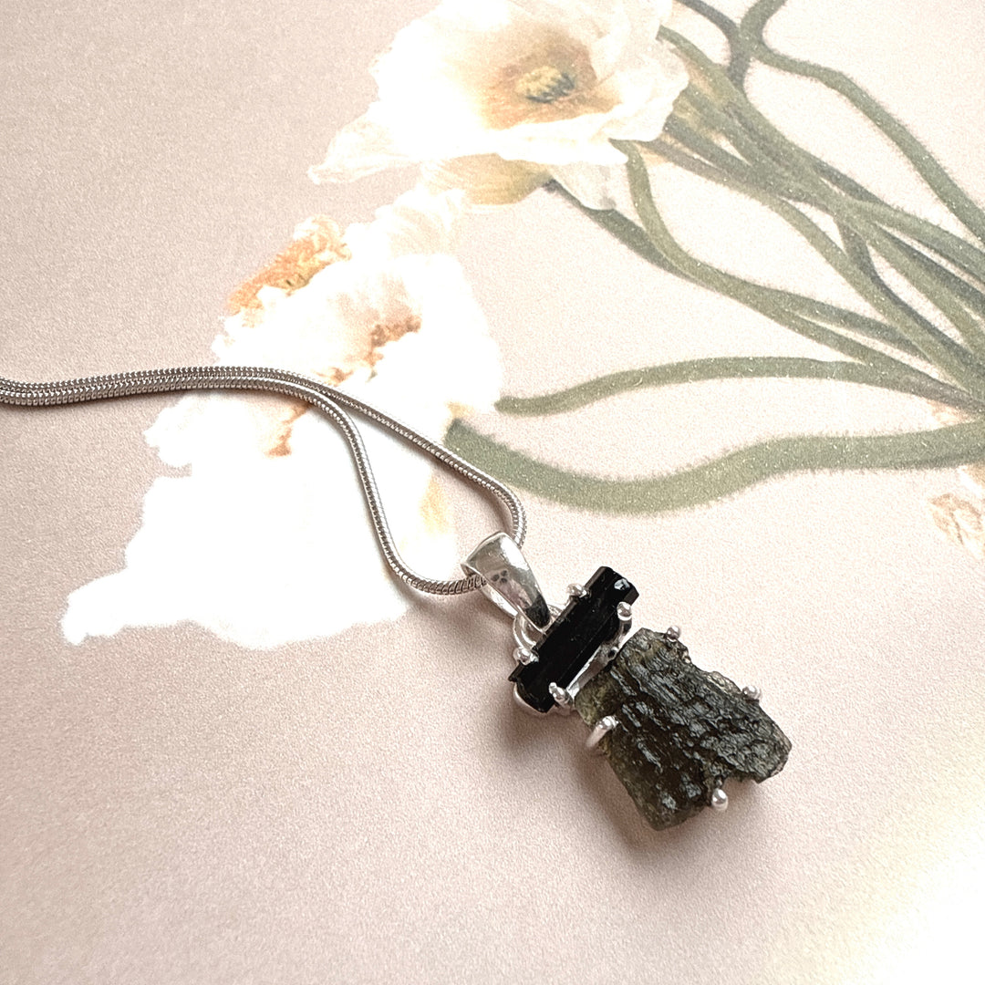 MOLDAVITE & BLACK TOURMALINE PENDANT