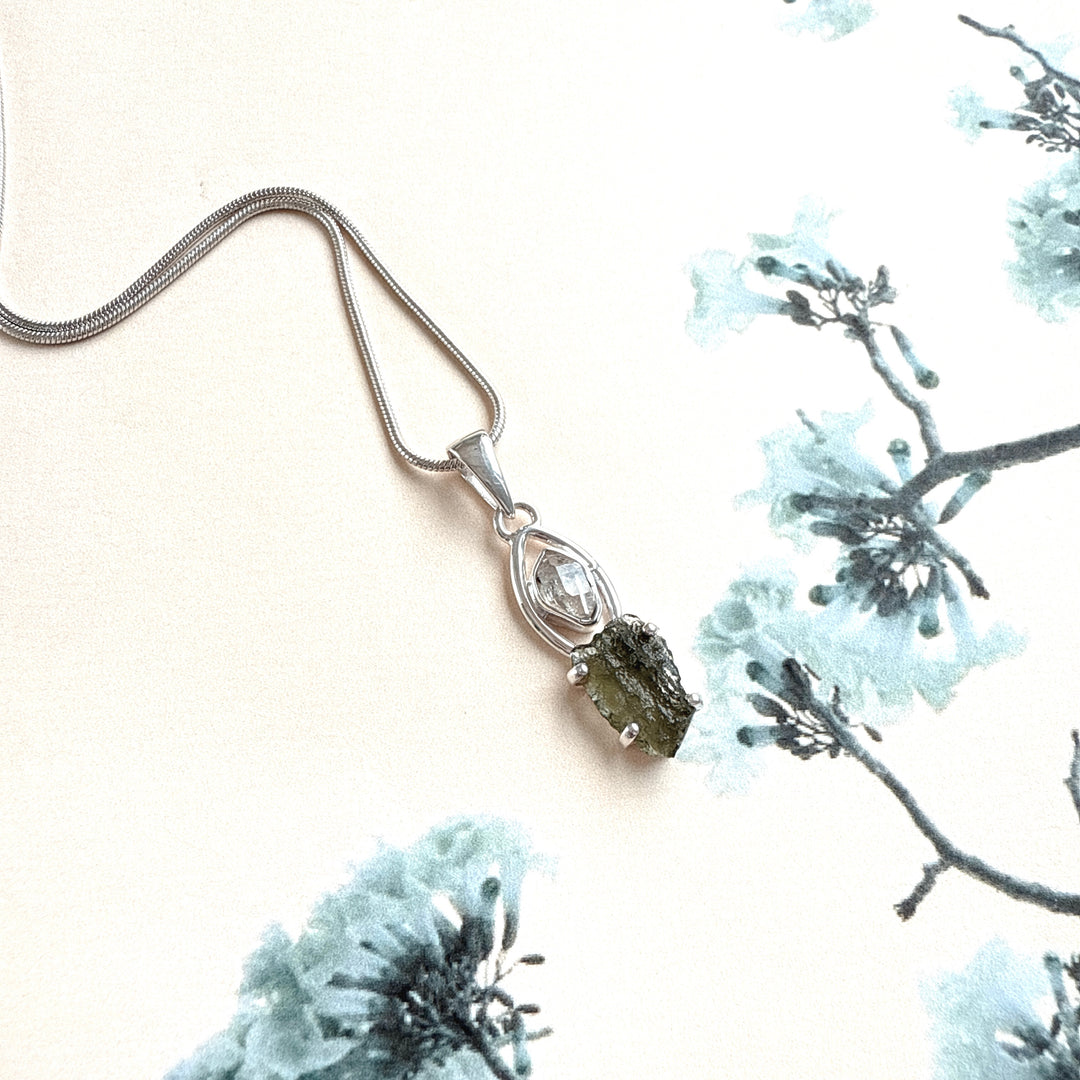 MOLDAVITE & HERKEMIER DIAMOND PENDANT