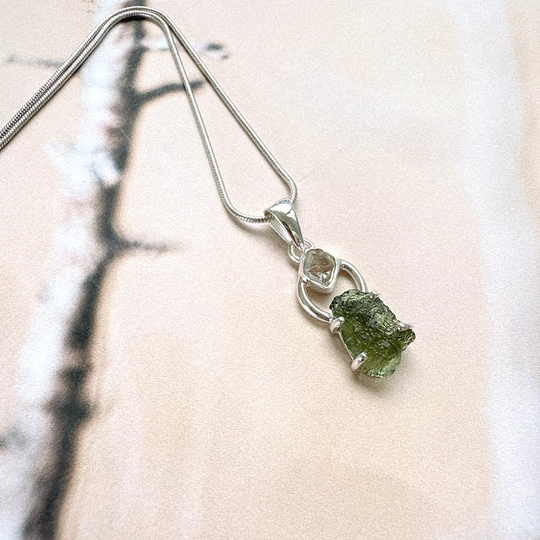 Moldavite & Herkimer Pendant