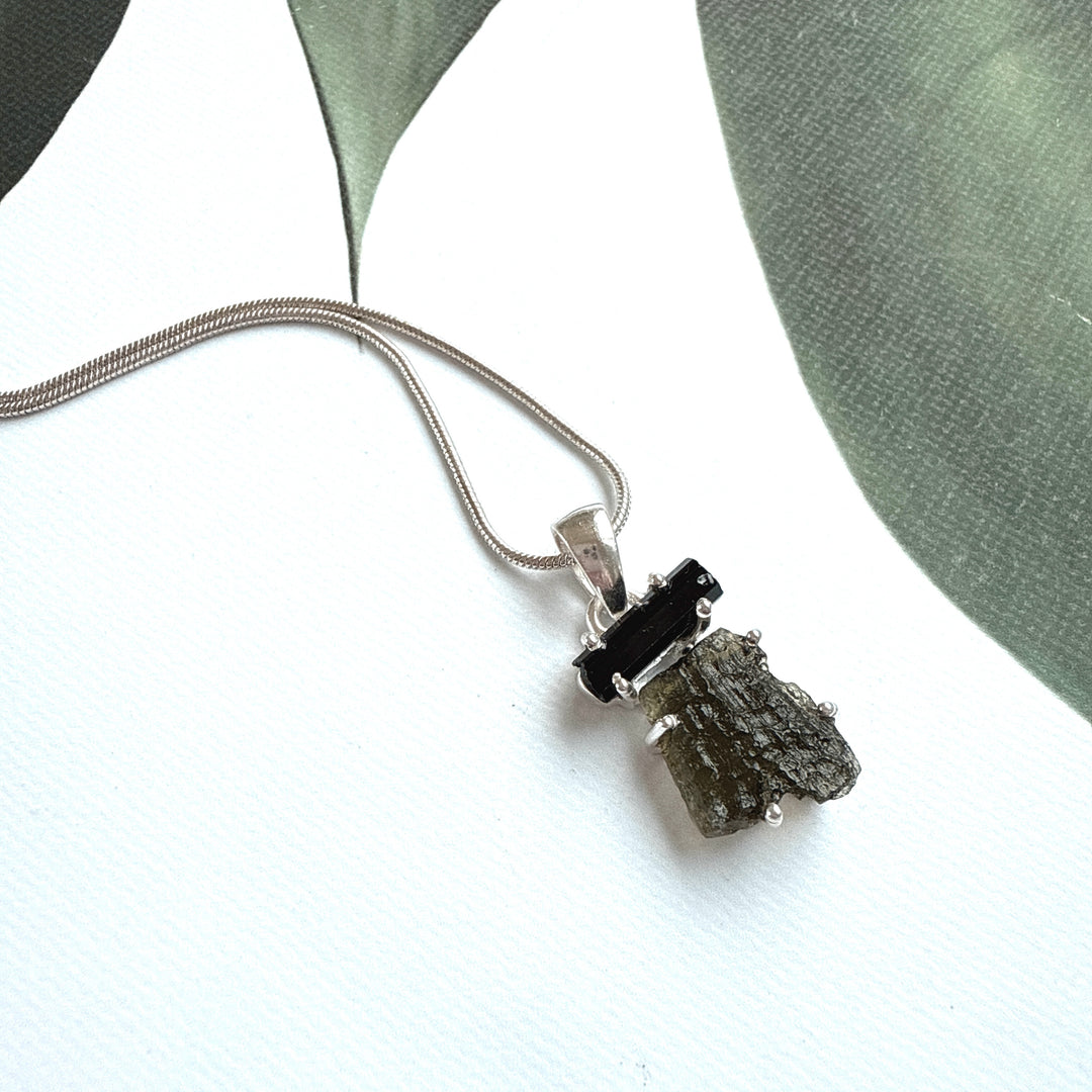 MOLDAVITE & BLACK TOURMALINE PENDANT