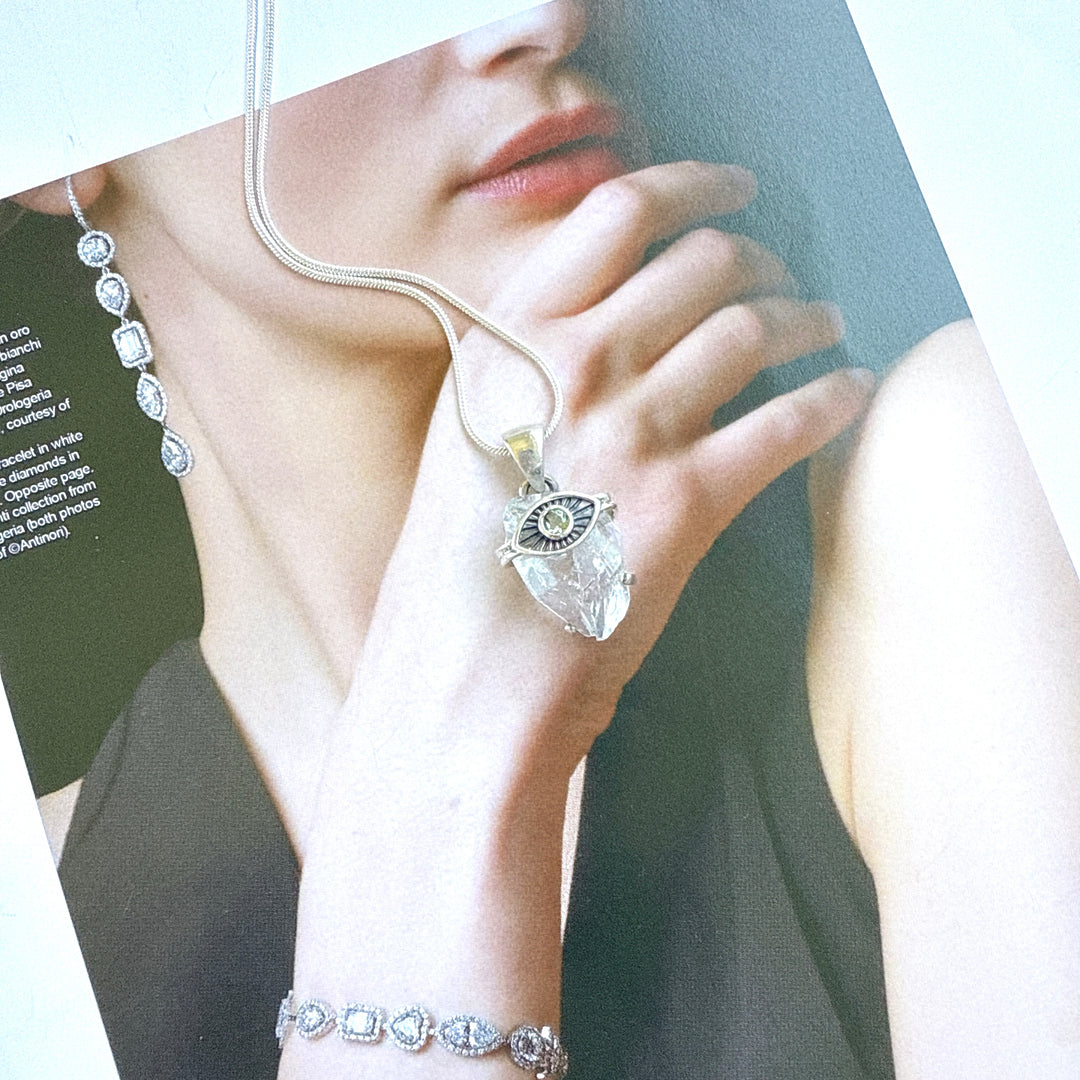 Moldavite & Herkimer Diamond Evil Eye Pendant