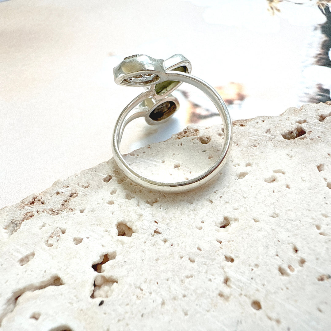 MOLDAVITE, HERKIMER DIAMOND & CAMPO DEL CIELO RING