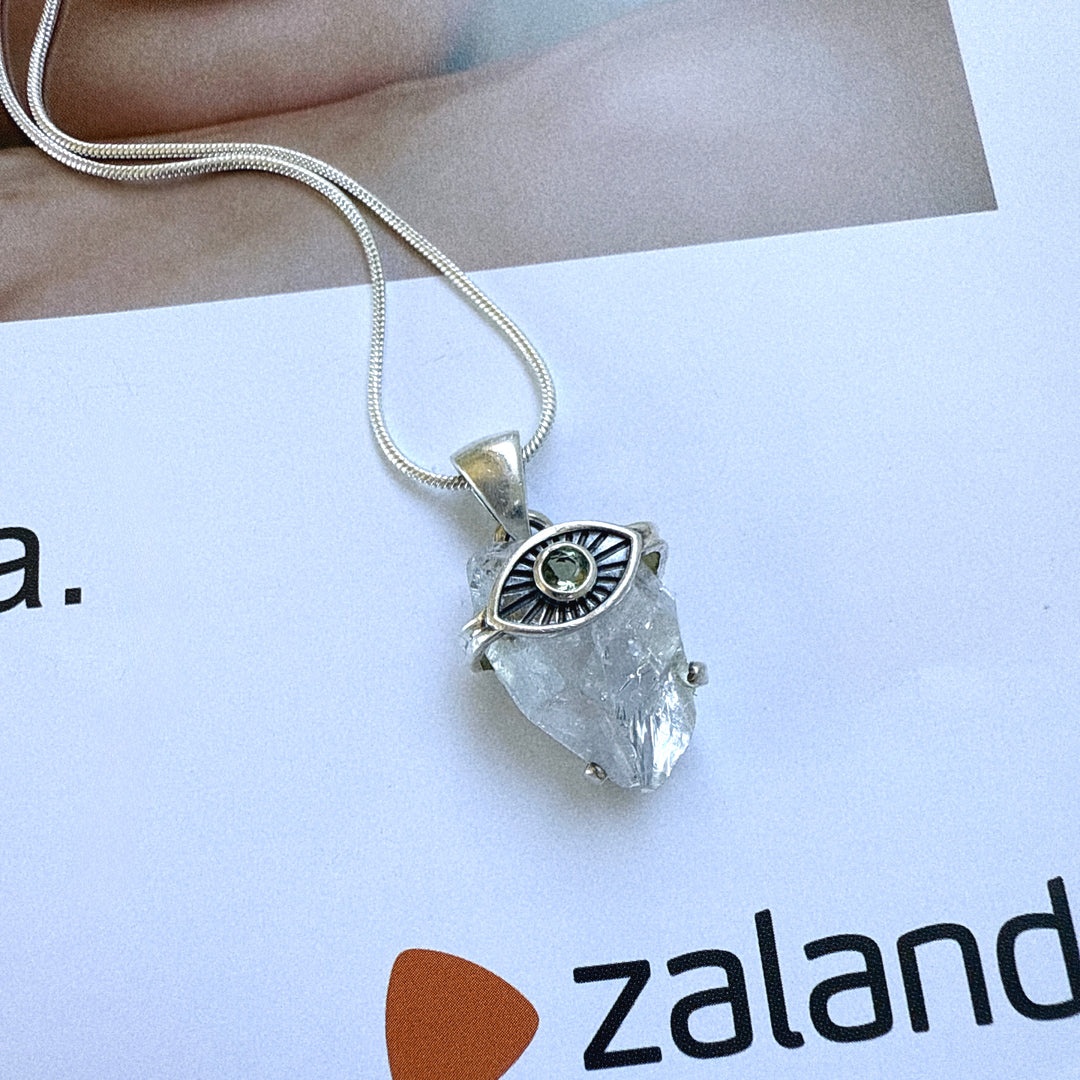 Moldavite & Herkimer Diamond Evil Eye Pendant