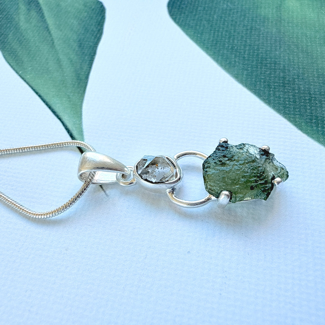 MOLDAVITE & HERKEMIER DIAMOND PENDANT