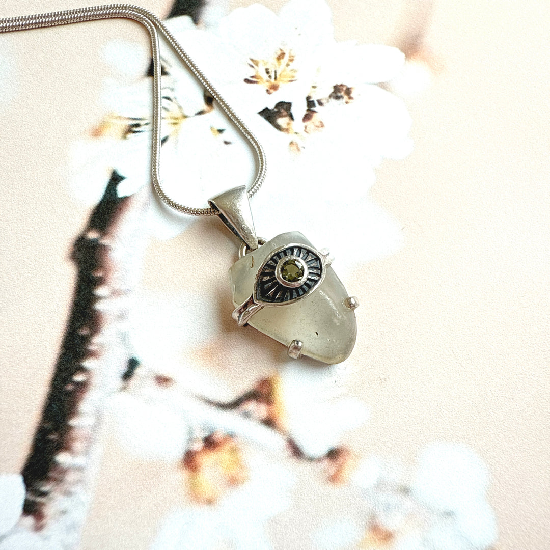 Faceted Moldavite and Libyan Desert Evil Eye Pendant