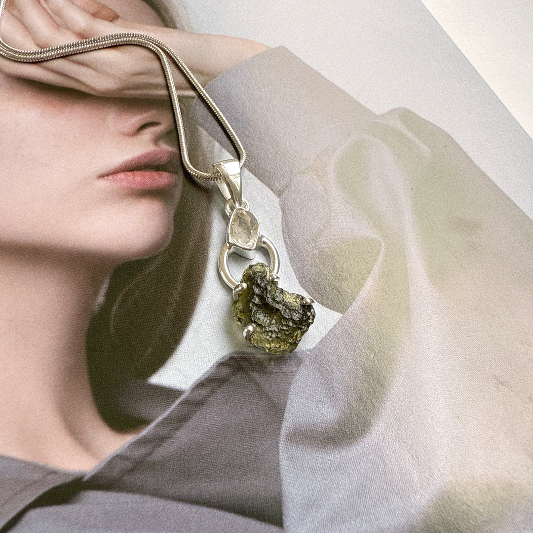 Moldavite & Herkimer Pendant