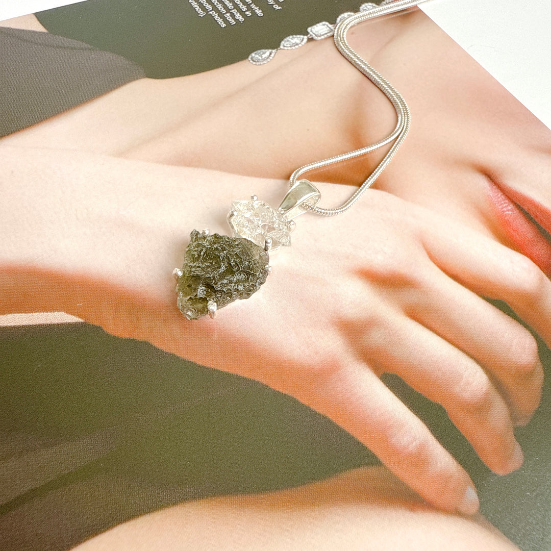 MOLDAVITE & HERKEMIER DIAMOND PENDANT