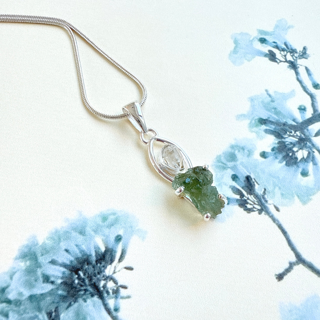 MOLDAVITE & HERKEMIER DIAMOND PENDANT