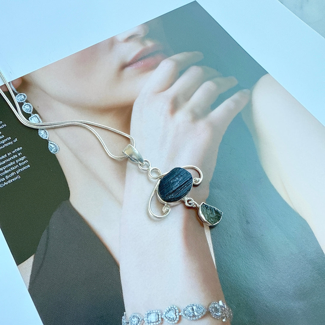 MOLDAVITE & BLACK TOURMALINE PENDANT