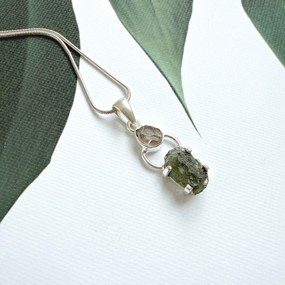 MOLDAVITE & HERKEMIER DIAMOND PENDANT