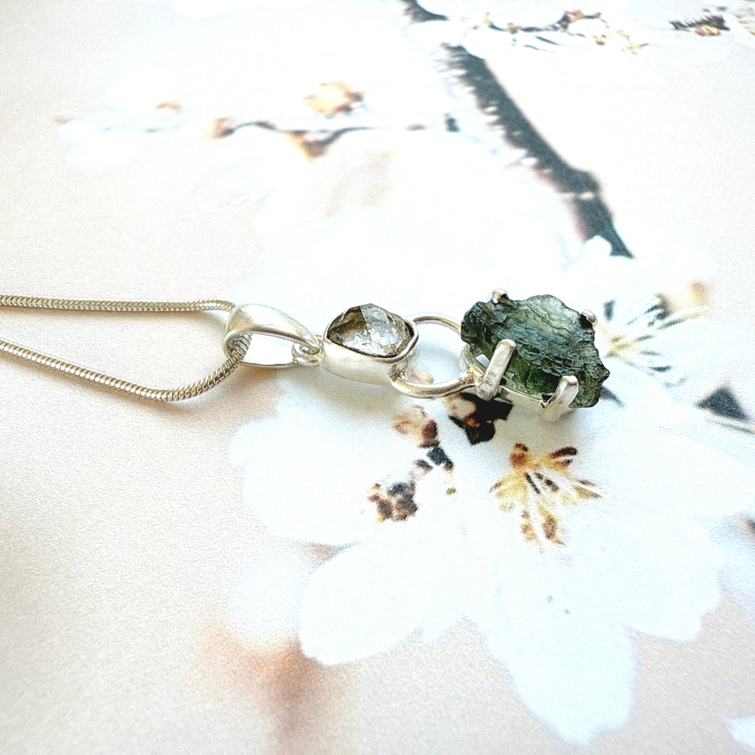 MOLDAVITE & HERKEMIER DIAMOND PENDANT