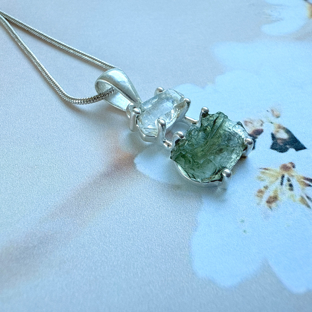 MOLDAVITE & HERKEMIER DIAMOND PENDANT