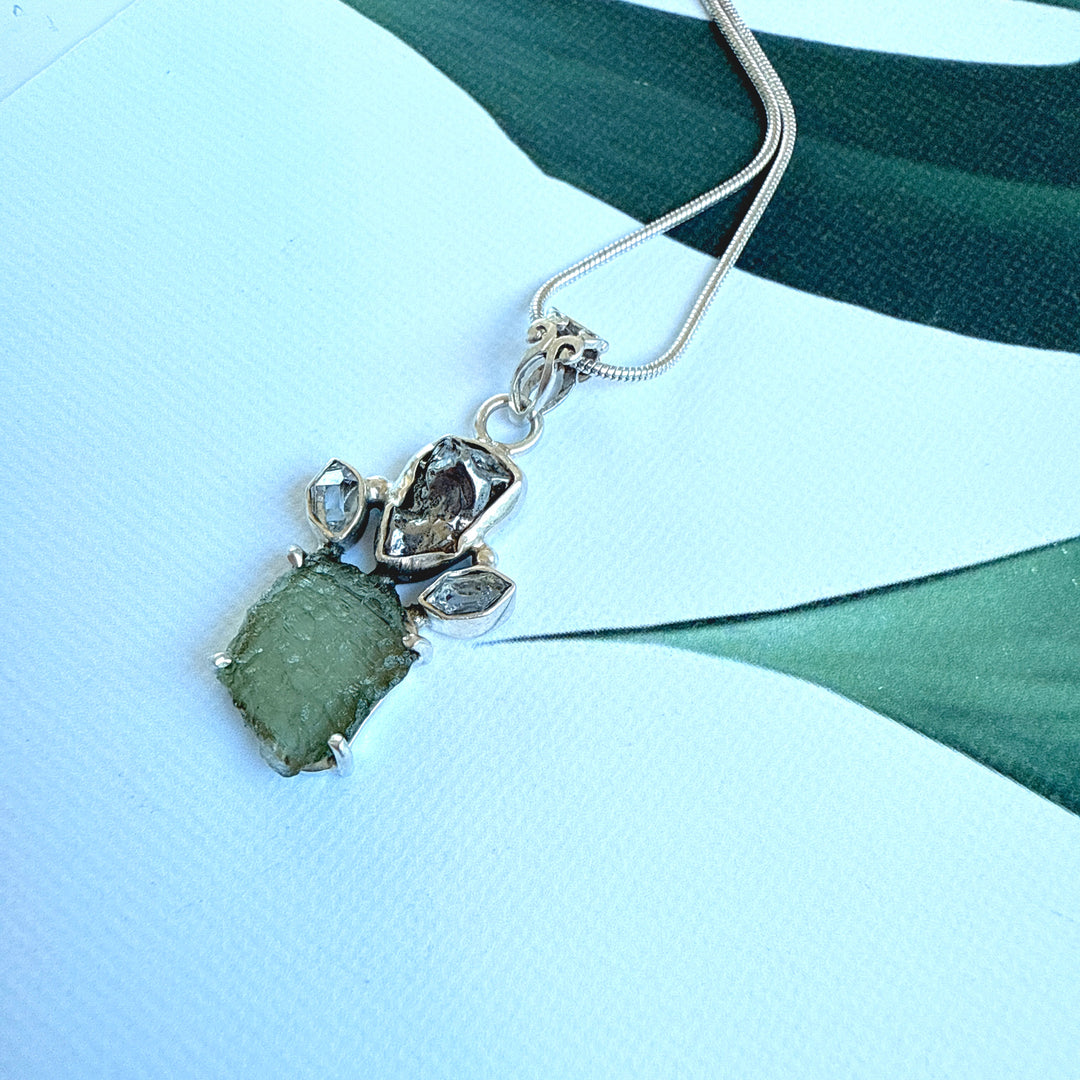 MOLDAVITE, HERKIMER DIAMOND, METEORITE CAMPO DEL CIELO PENDANT