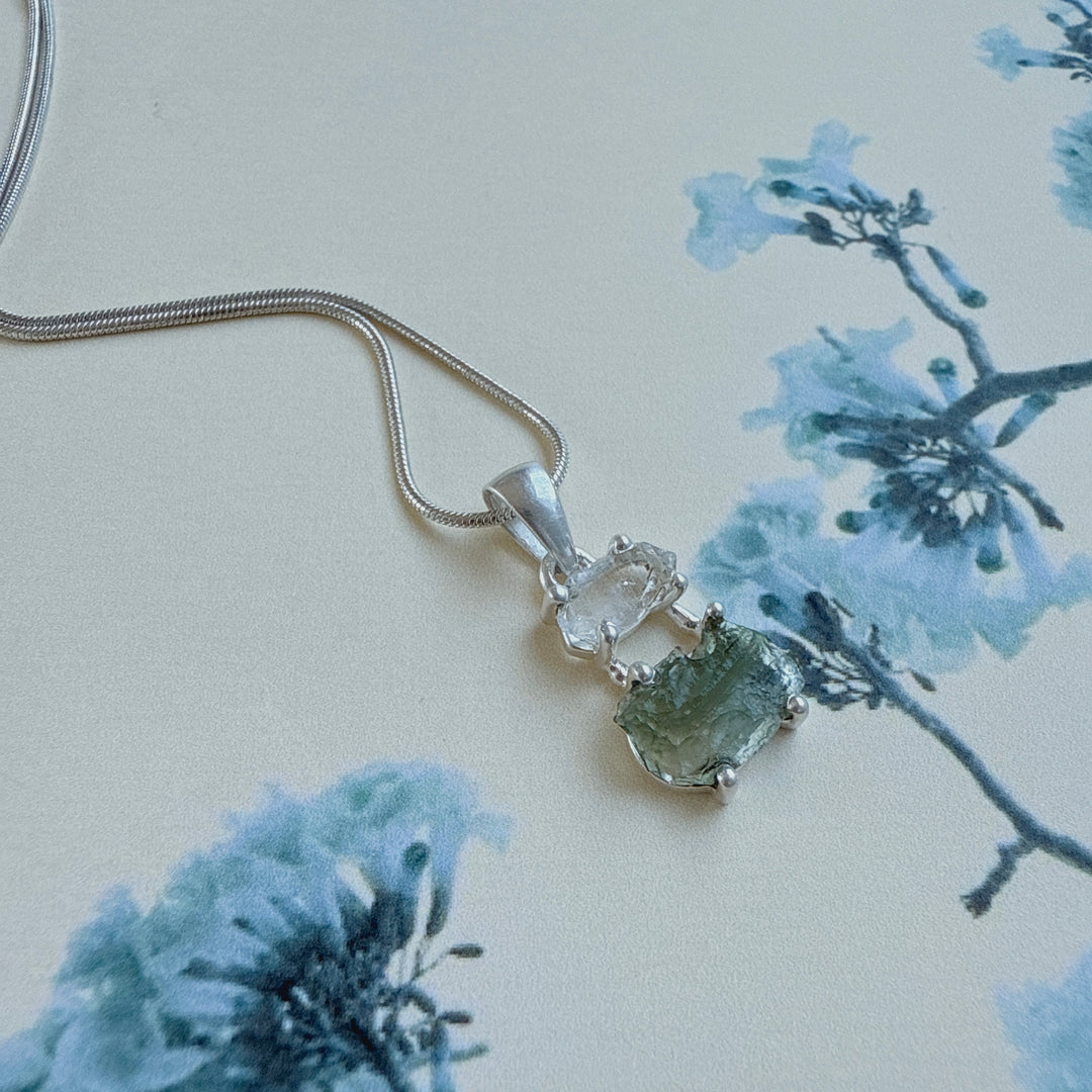MOLDAVITE & HERKEMIER DIAMOND PENDANT