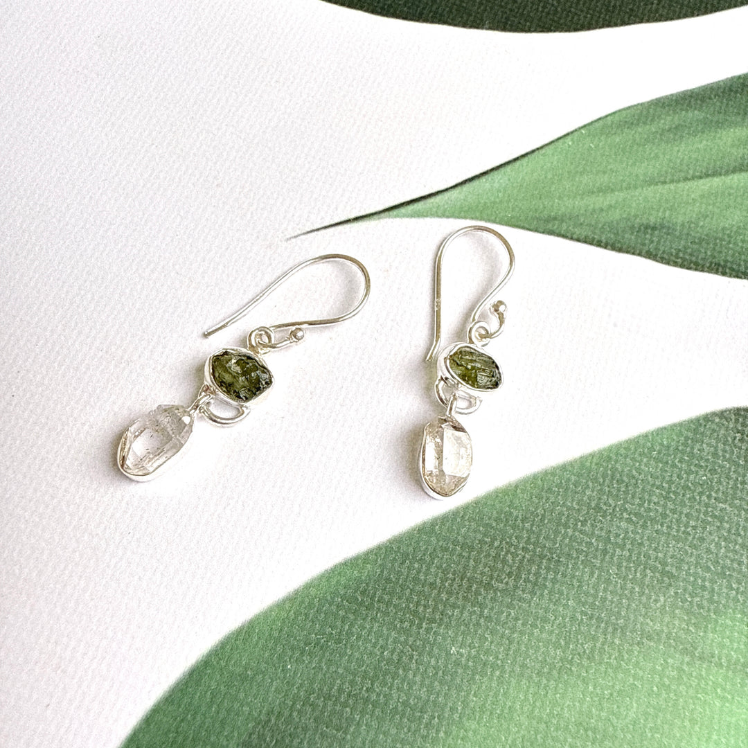 Moldavite & Herkemir Diamond Earrings