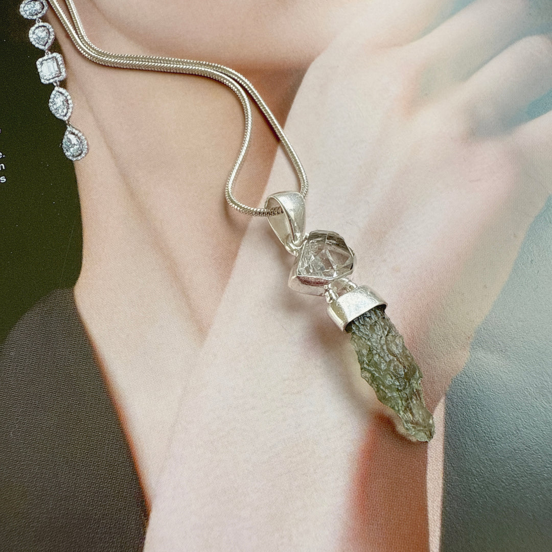 MOLDAVITE & HERKEMIER DIAMOND PENDANT