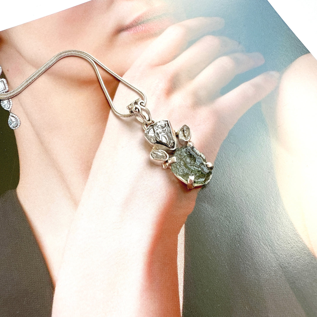 MOLDAVITE, HERKIMER DIAMOND, METEORITE CAMPO DEL CIELO PENDANT