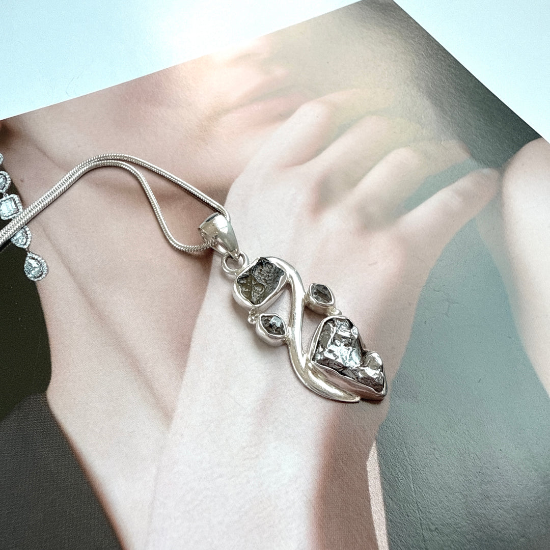 MOLDAVITE, HERKIMER DIAMOND, METEORITE CAMPO DEL CIELO PENDANT