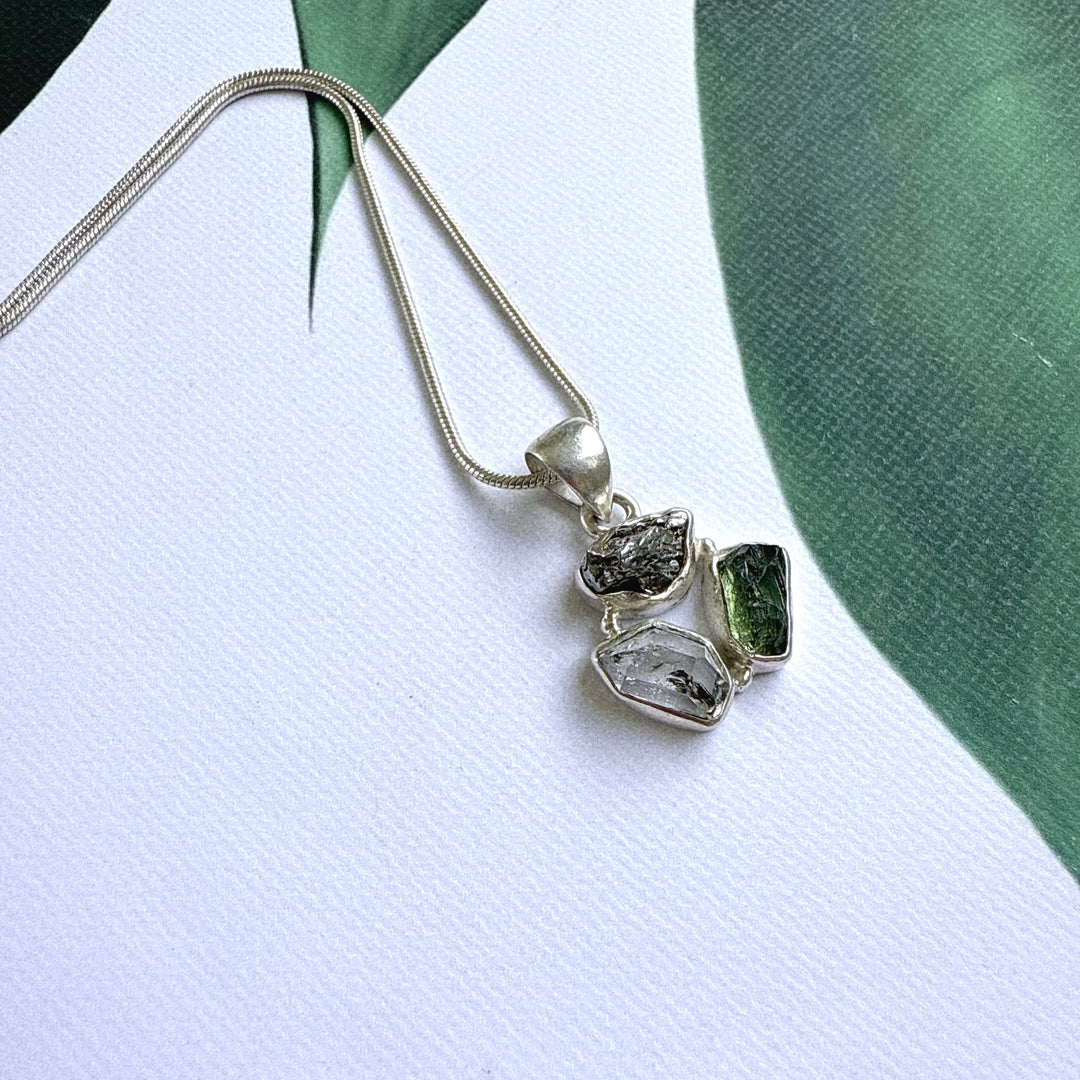 Moldavite, Herkemir Diamond and Campo Del Cielo Pendant