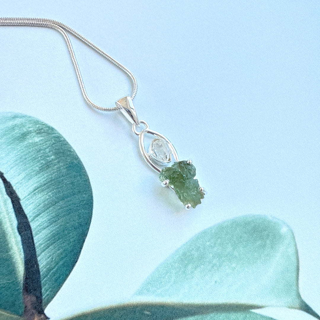 MOLDAVITE & HERKEMIER DIAMOND PENDANT