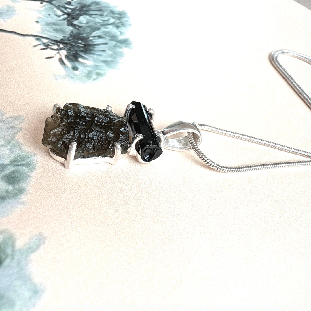 MOLDAVITE & BLACK TOURMALINE PENDANT