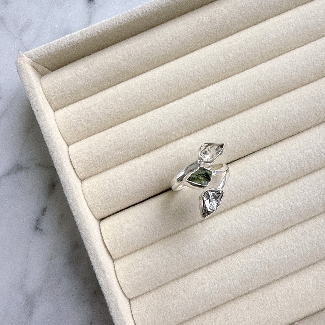 MOLDAVITE, HERKIMER DIAMOND & CAMPO DEL CIELO RING