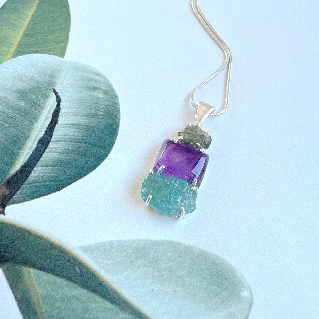 Moldavite,
Amethyst & Neon Blue Apatite Pendant