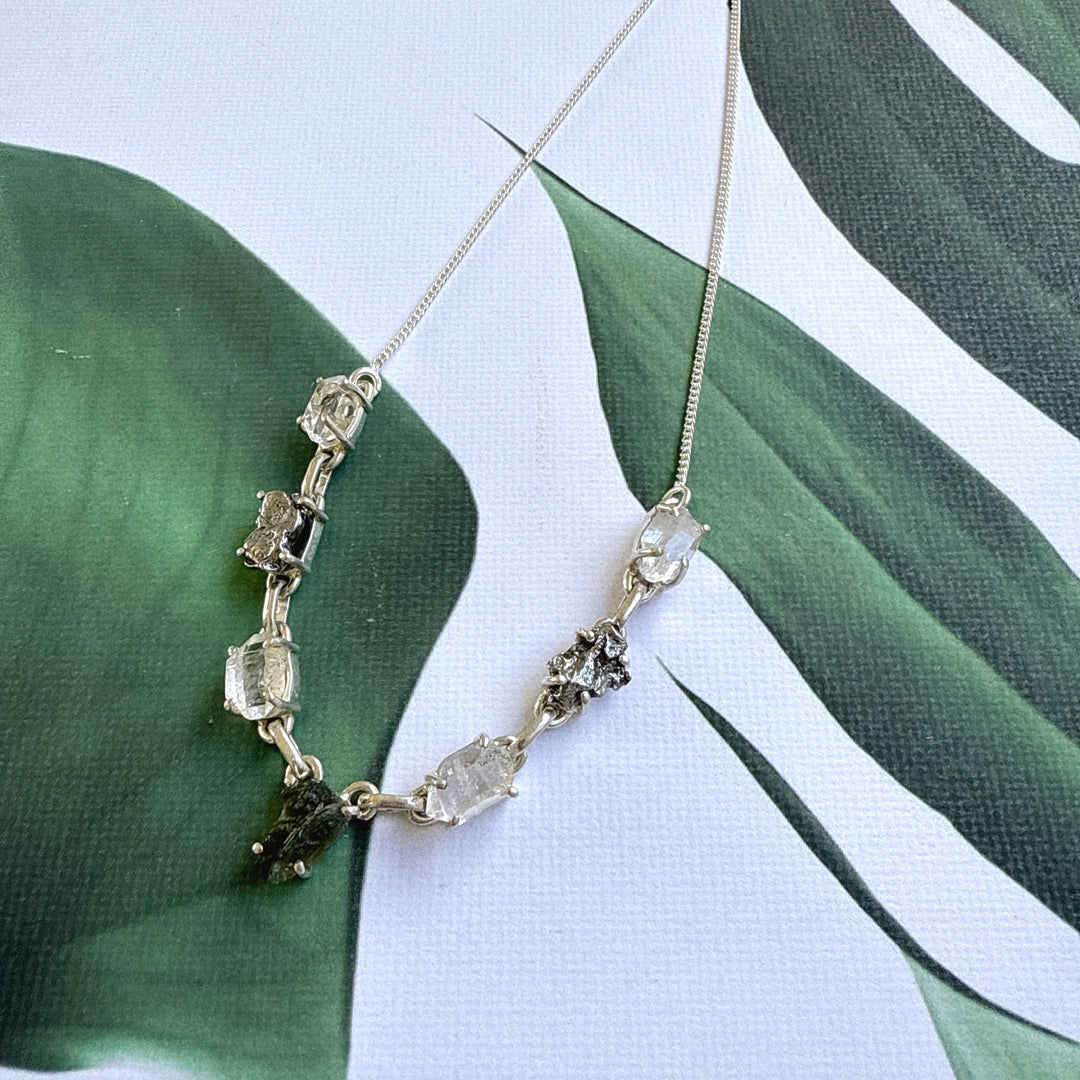 Moldavite, Herkimer Diamond & Meteorite Campo Del Cielo Necklace