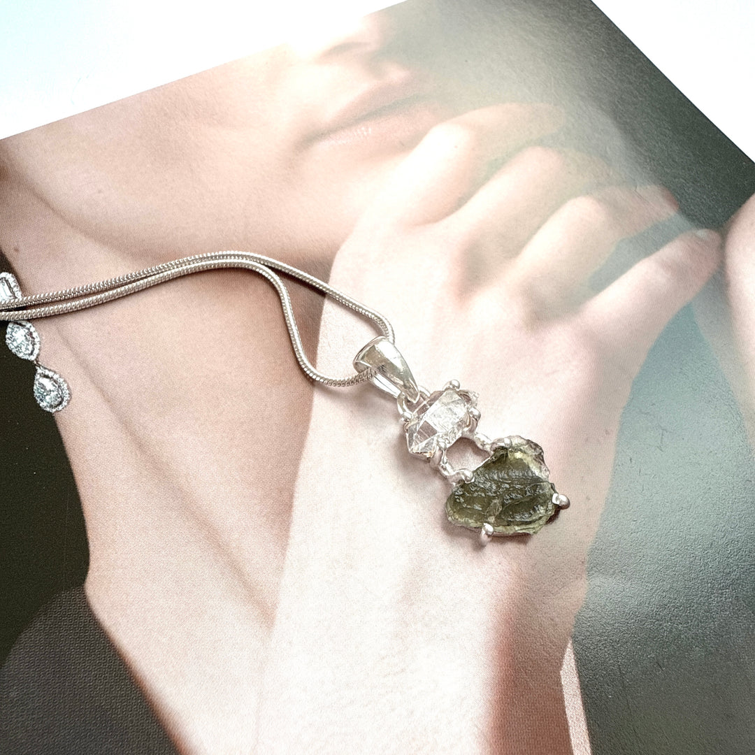 Moldavite & Herkimer Pendant