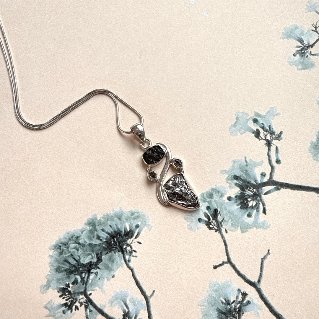 MOLDAVITE, HERKIMER DIAMOND, METEORITE CAMPO DEL CIELO PENDANT