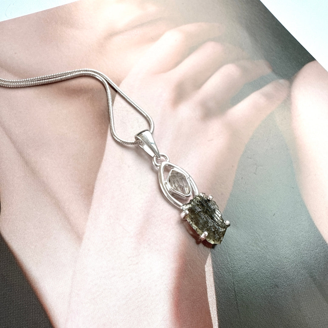 MOLDAVITE & HERKEMIER DIAMOND PENDANT