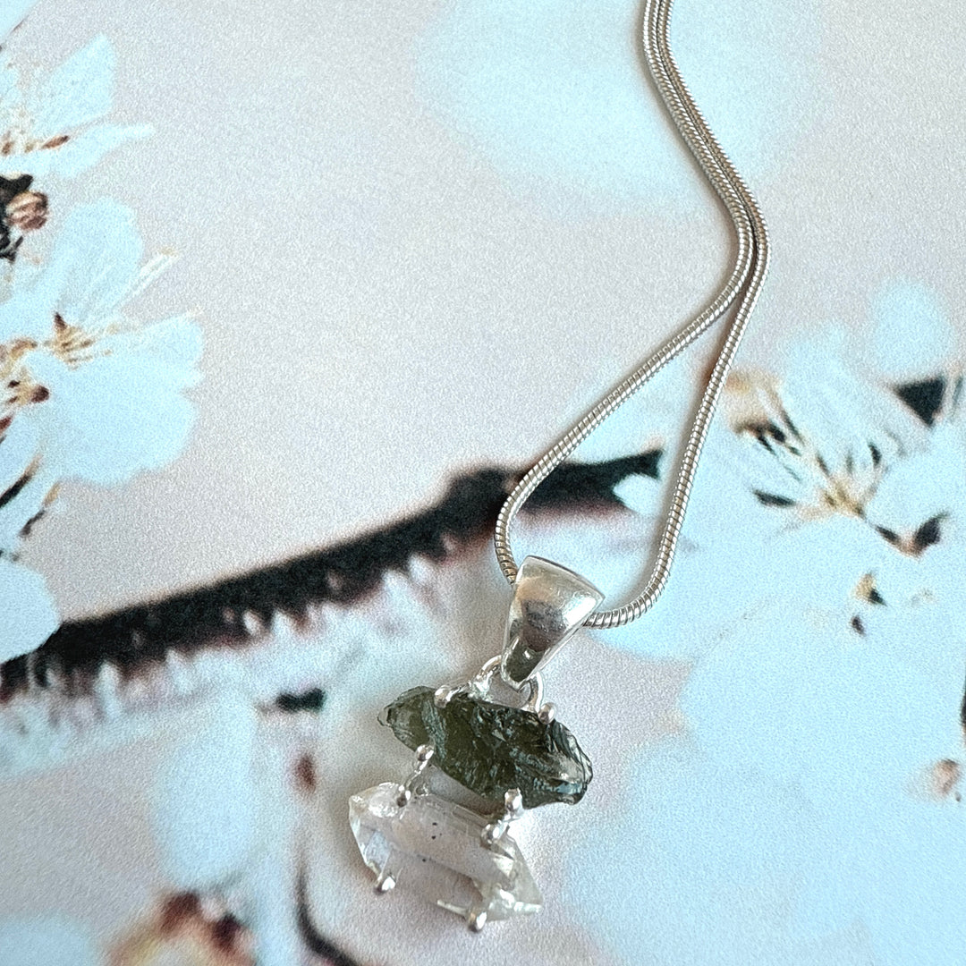 MOLDAVITE & HERKEMIER DIAMOND PENDANT