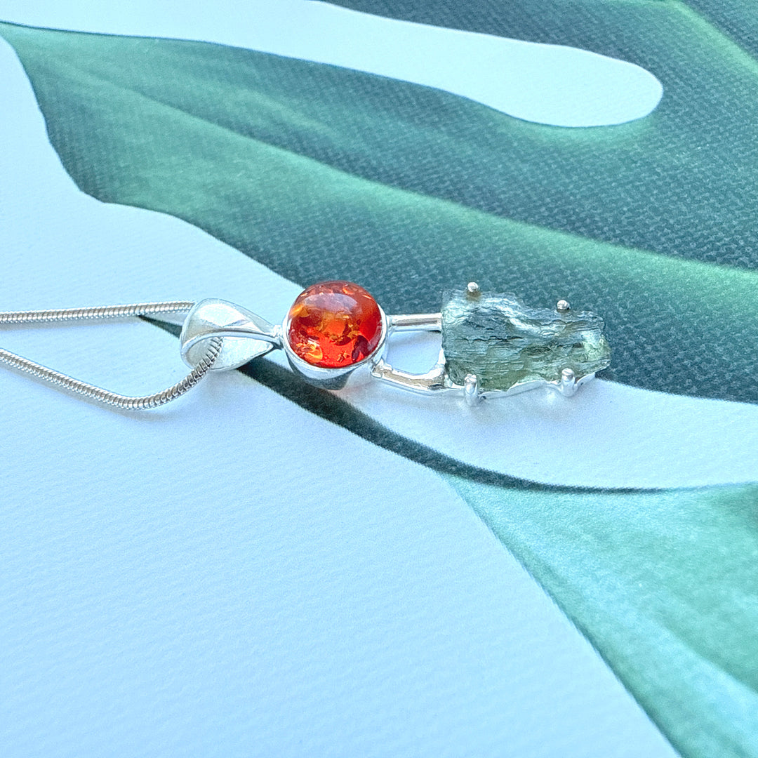 MOLDAVITE & BALTIC AMBER PENDANT