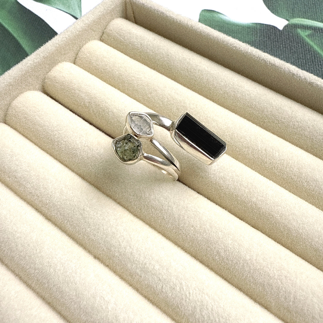 Moldavite, Herkimer & Black Tourmaline Ring