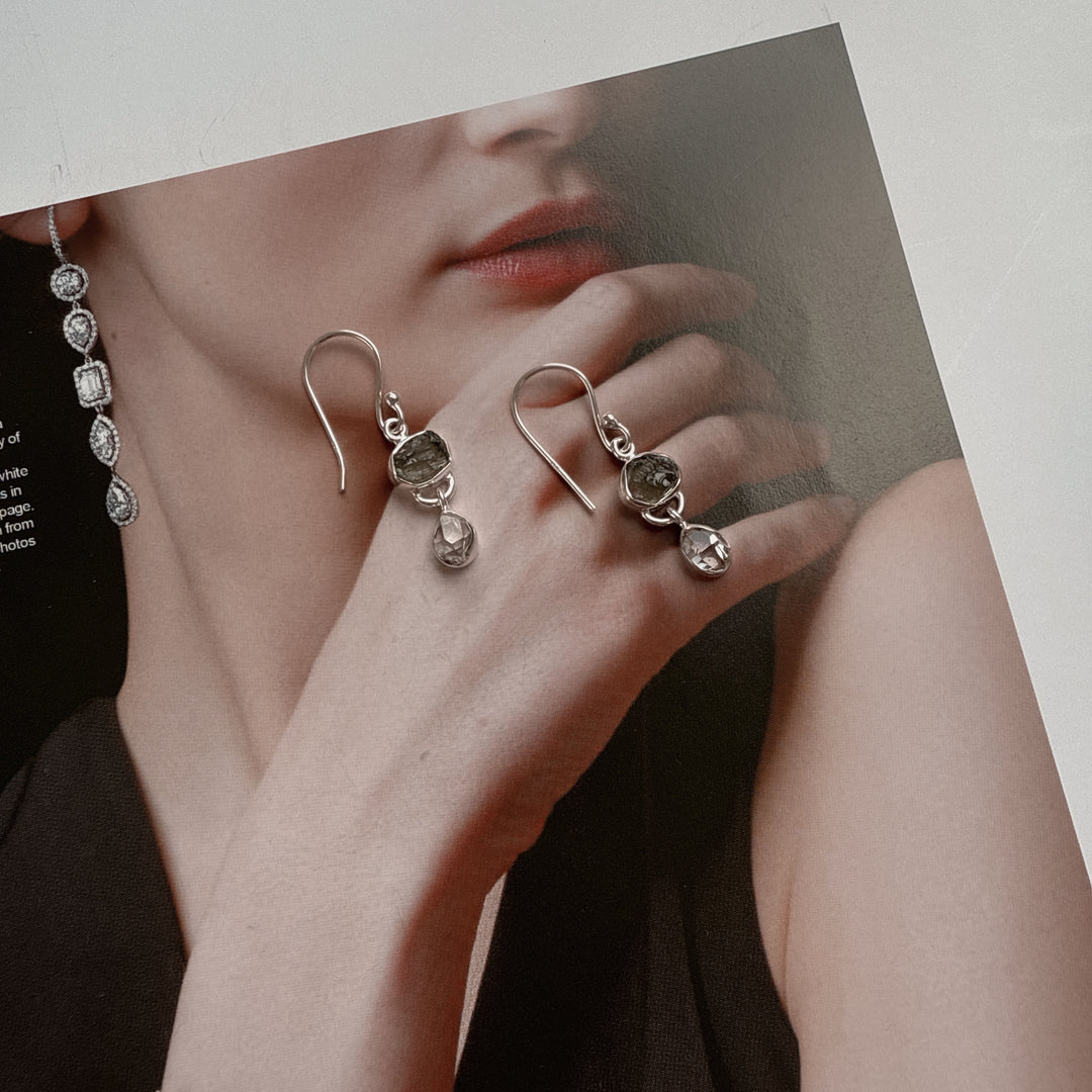 Moldavite & Herkemir Diamond Earrings