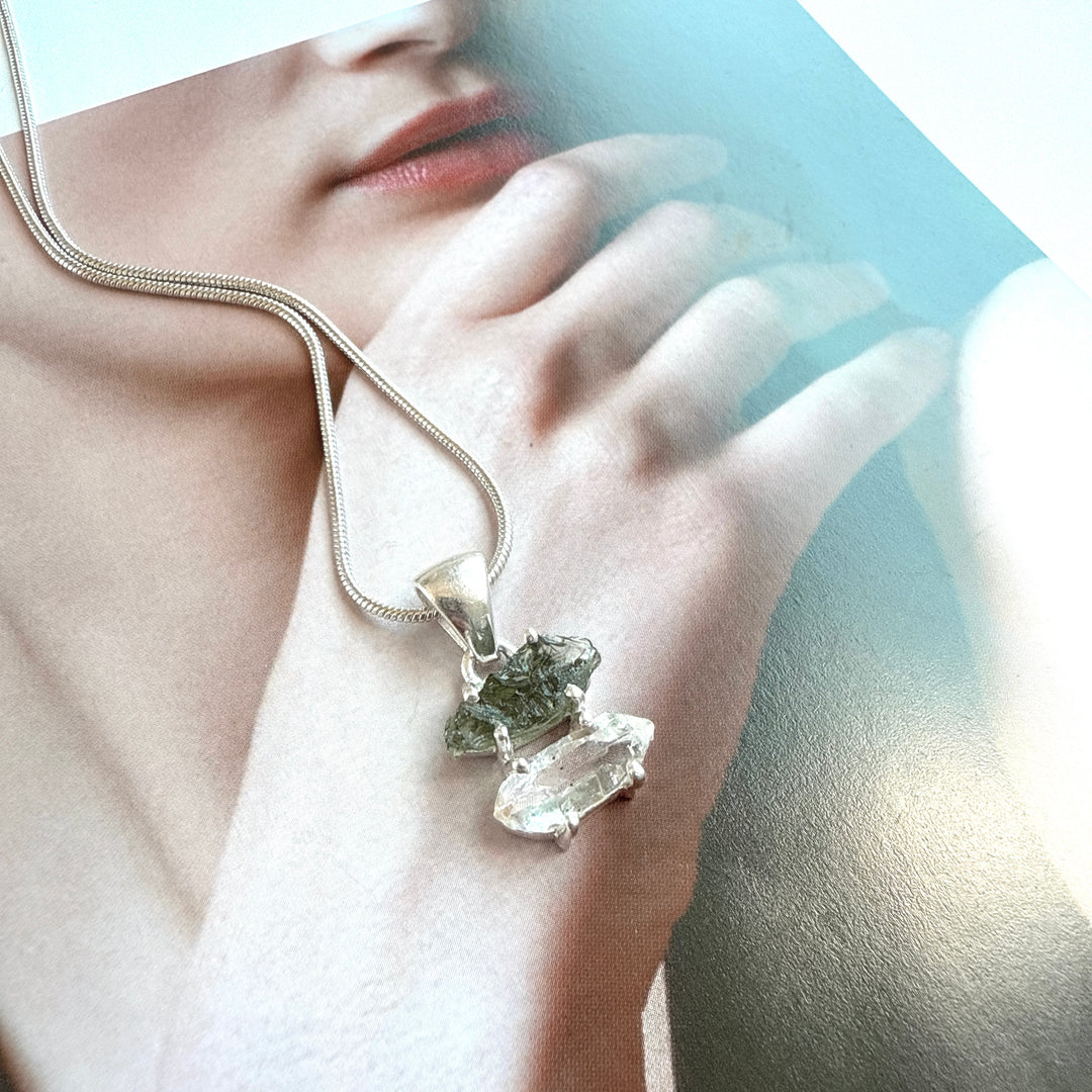 MOLDAVITE & HERKEMIER DIAMOND PENDANT