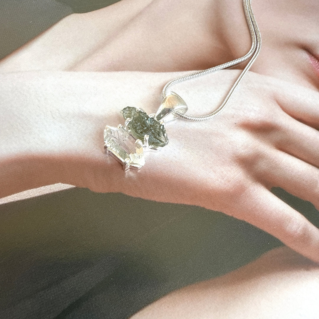 MOLDAVITE & HERKEMIER DIAMOND PENDANT