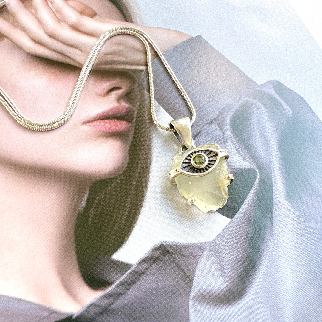 Faceted Moldavite and Libyan Desert Evil Eye Pendant