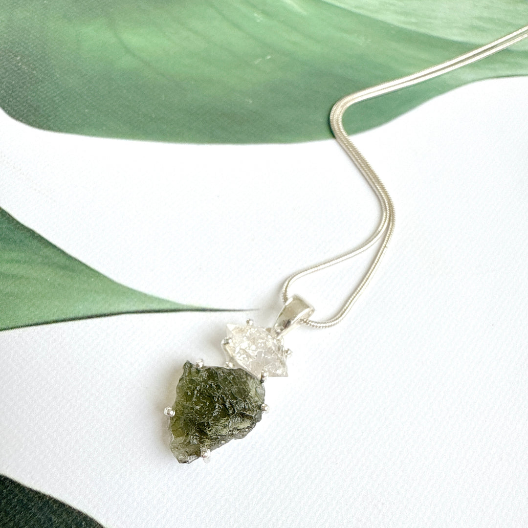 MOLDAVITE & HERKEMIER DIAMOND PENDANT
