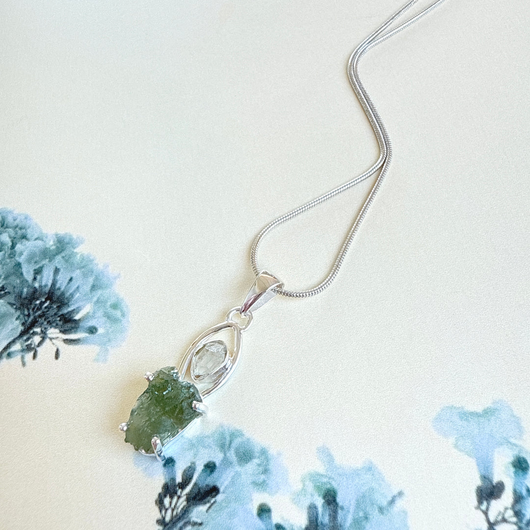 MOLDAVITE & HERKEMIER DIAMOND PENDANT
