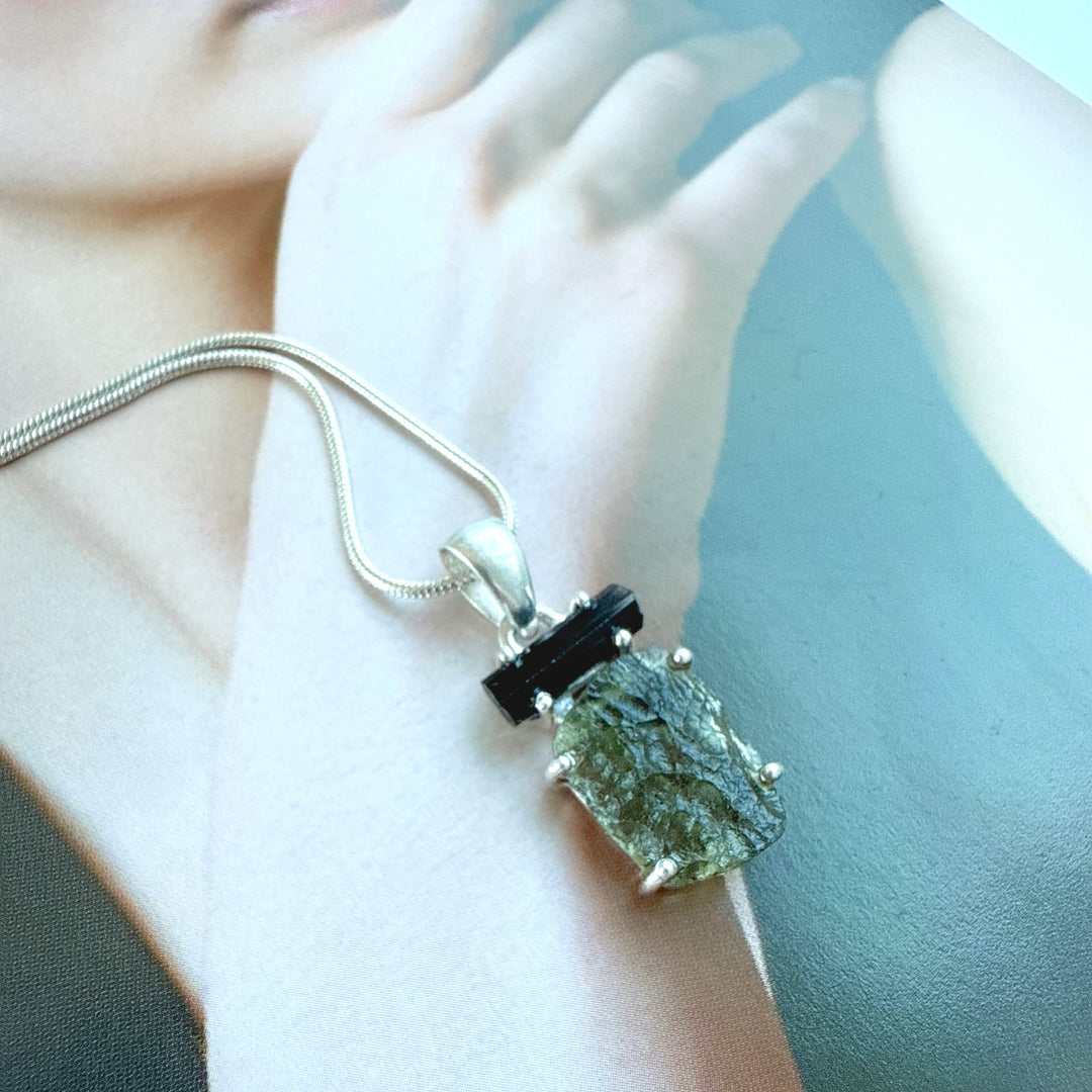 MOLDAVITE & BLACK TOURMALINE PENDANT