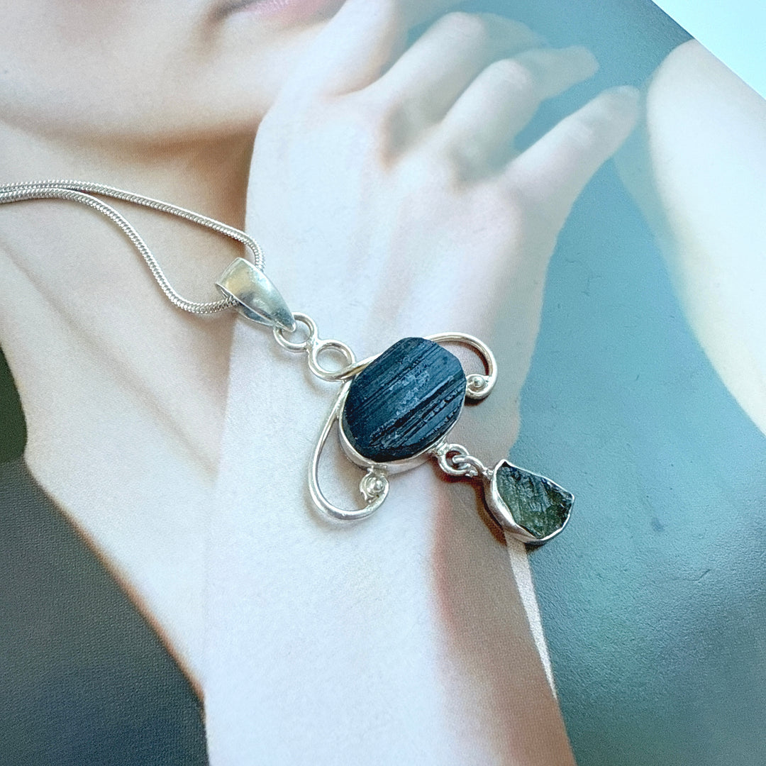 MOLDAVITE & BLACK TOURMALINE PENDANT